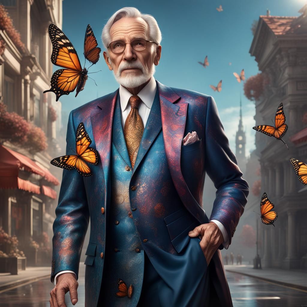 Elegant Man in Butterfly Collar Suit, Detailed Digital Paint...