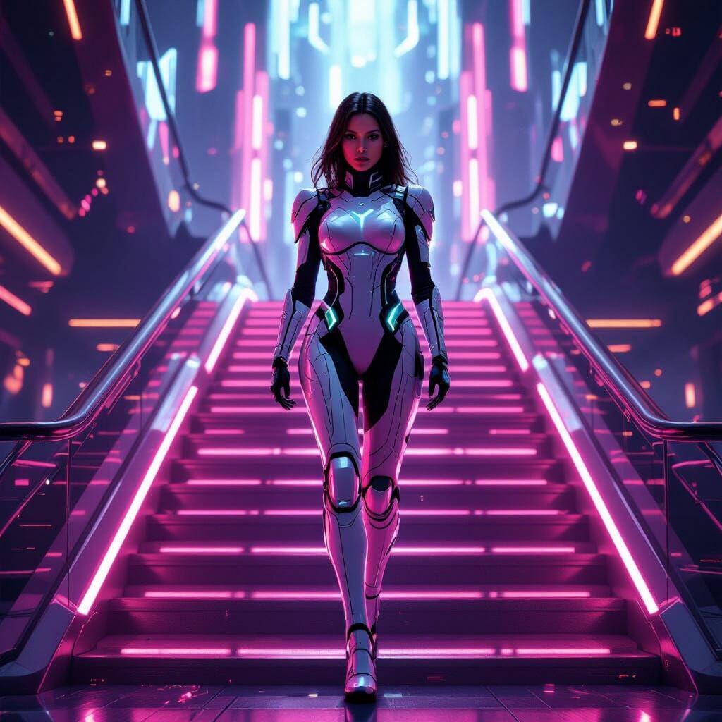 Futuristic Armor Woman Descends Neon Cyberpunk Staircase