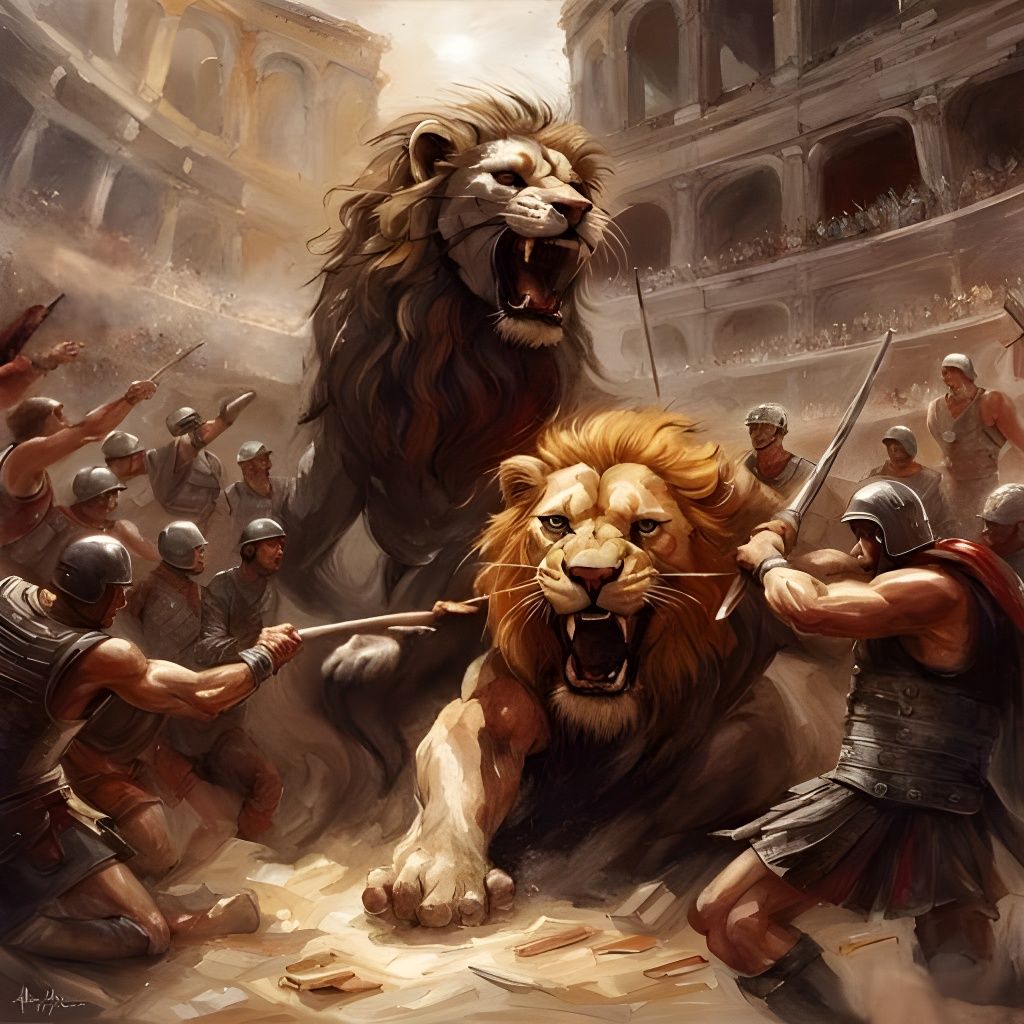 Roman Soldiers Clash with Lion in Colosseum Arena