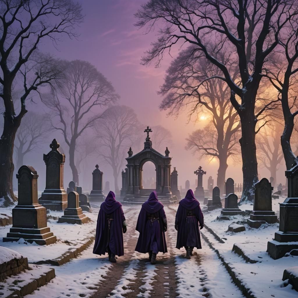 Adventurers in a Foggy Medieval Graveyard