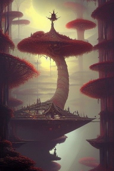 Surreal Neon Treehouse in Dark Fantasy Style