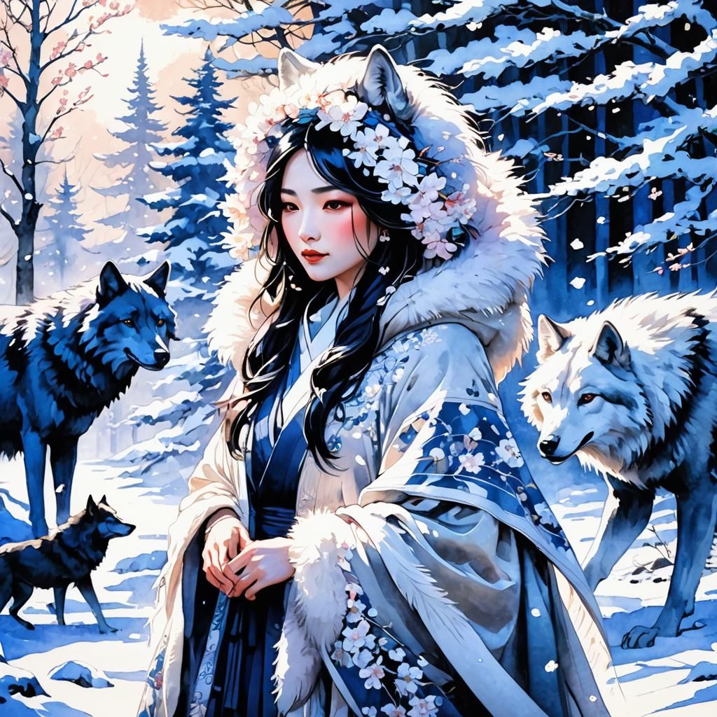 Japanese Woman with Wolves in Winter Wonderland