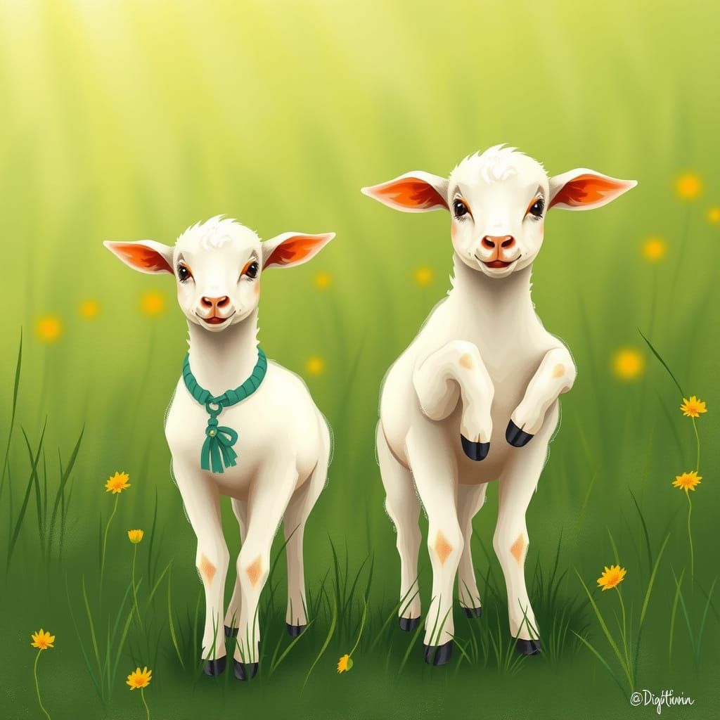 Lambs in Meadow: Whimsical Storybook Illustration