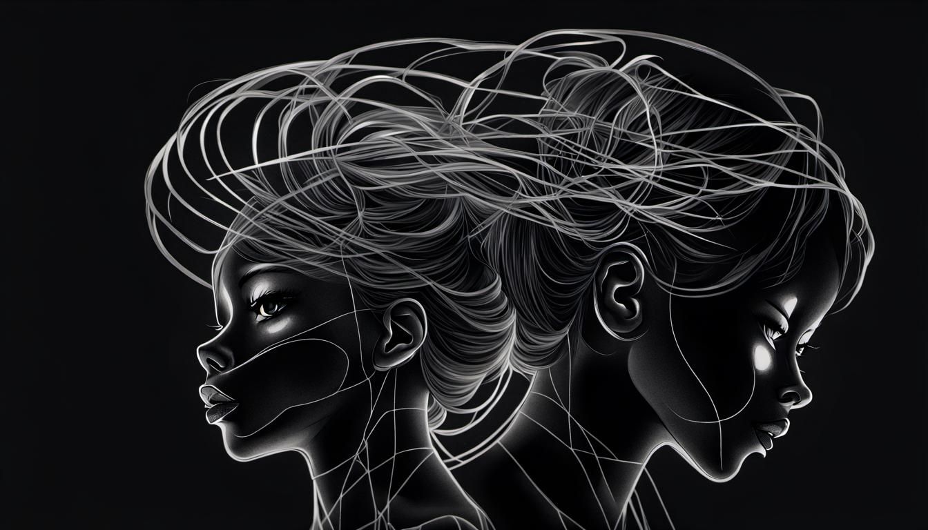 Manga Woman in Wireframe Space: Black Line Art