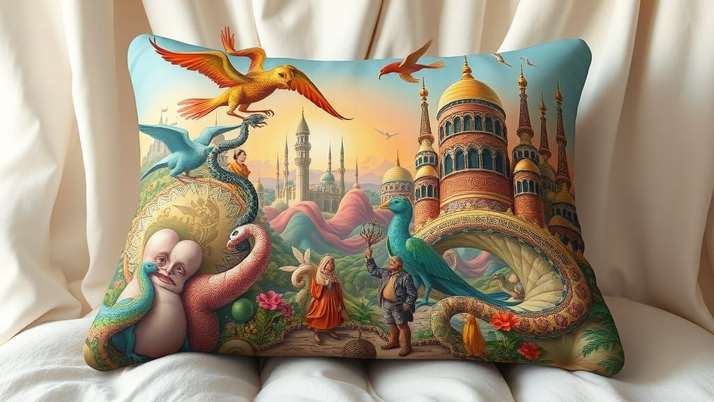 Ornate Pillow Dreamscape in Hieronymus Bosch Style