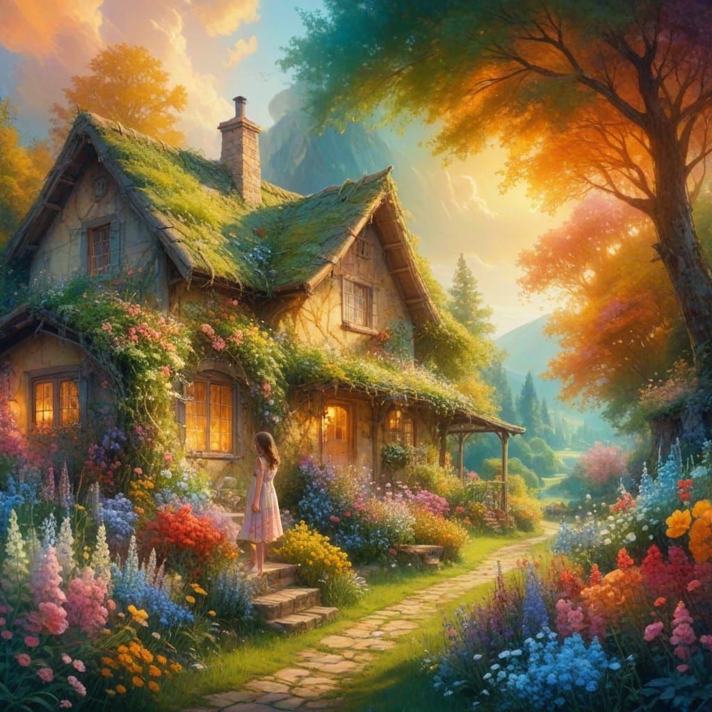 Mystical dreamy spring flowers adorned cottage