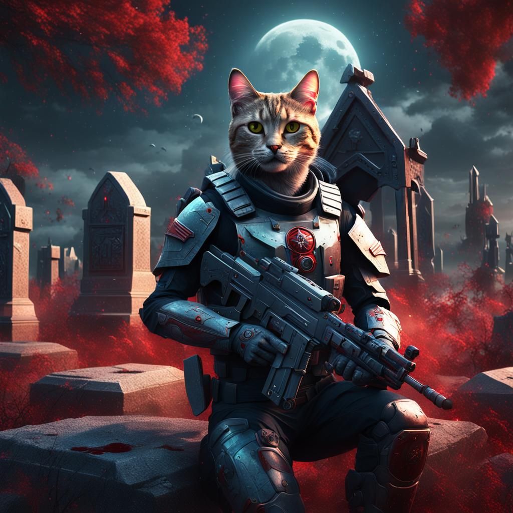 Futuristic Cat Soldier in Graveyard Concept Art