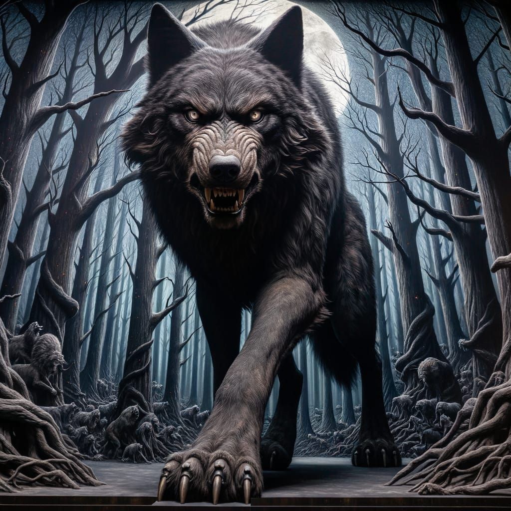 Giant Black Wolf in Dark Forest