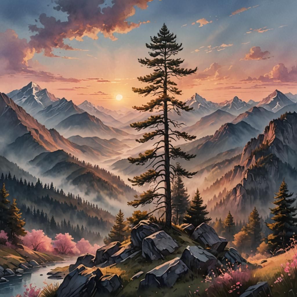 Majestic Sunset Mountain Range in Watercolor Style