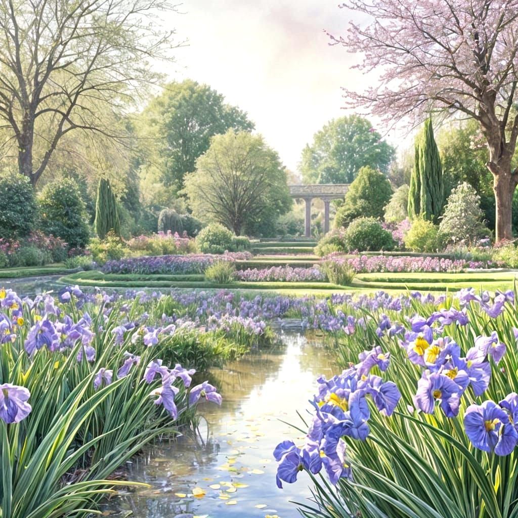 Watercolor Palladian Garden in Spring Morning Light