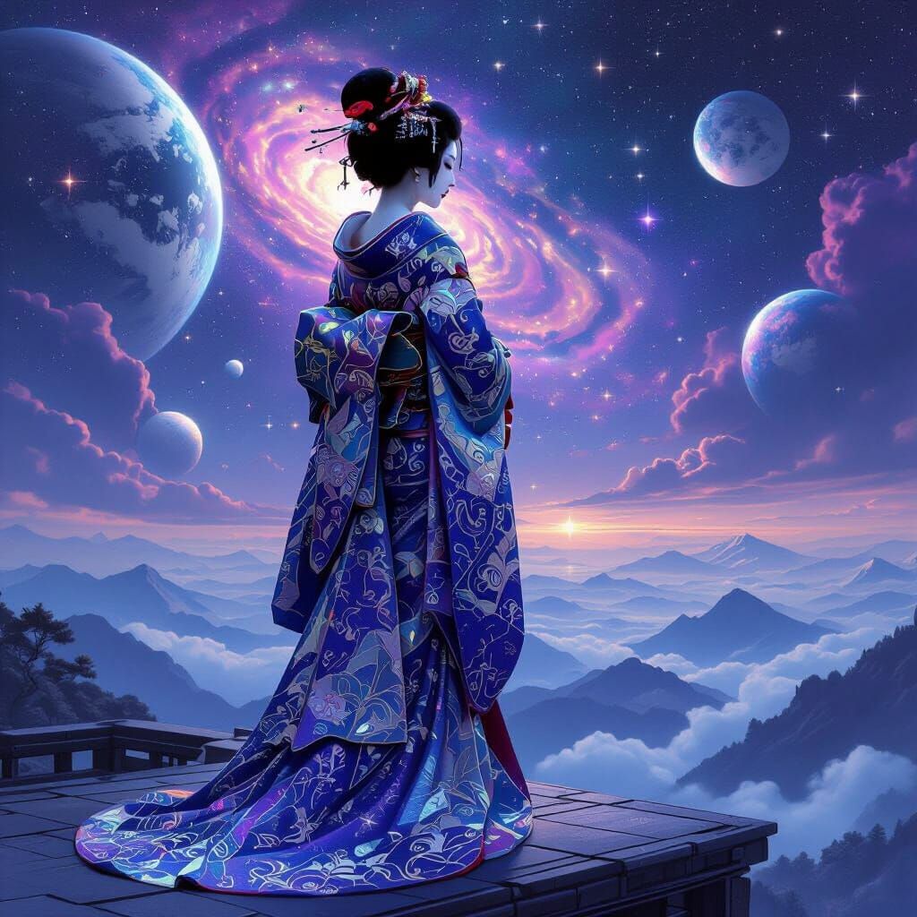 Geisha in Cosmic Kimono Overlooking Galactic Landscape