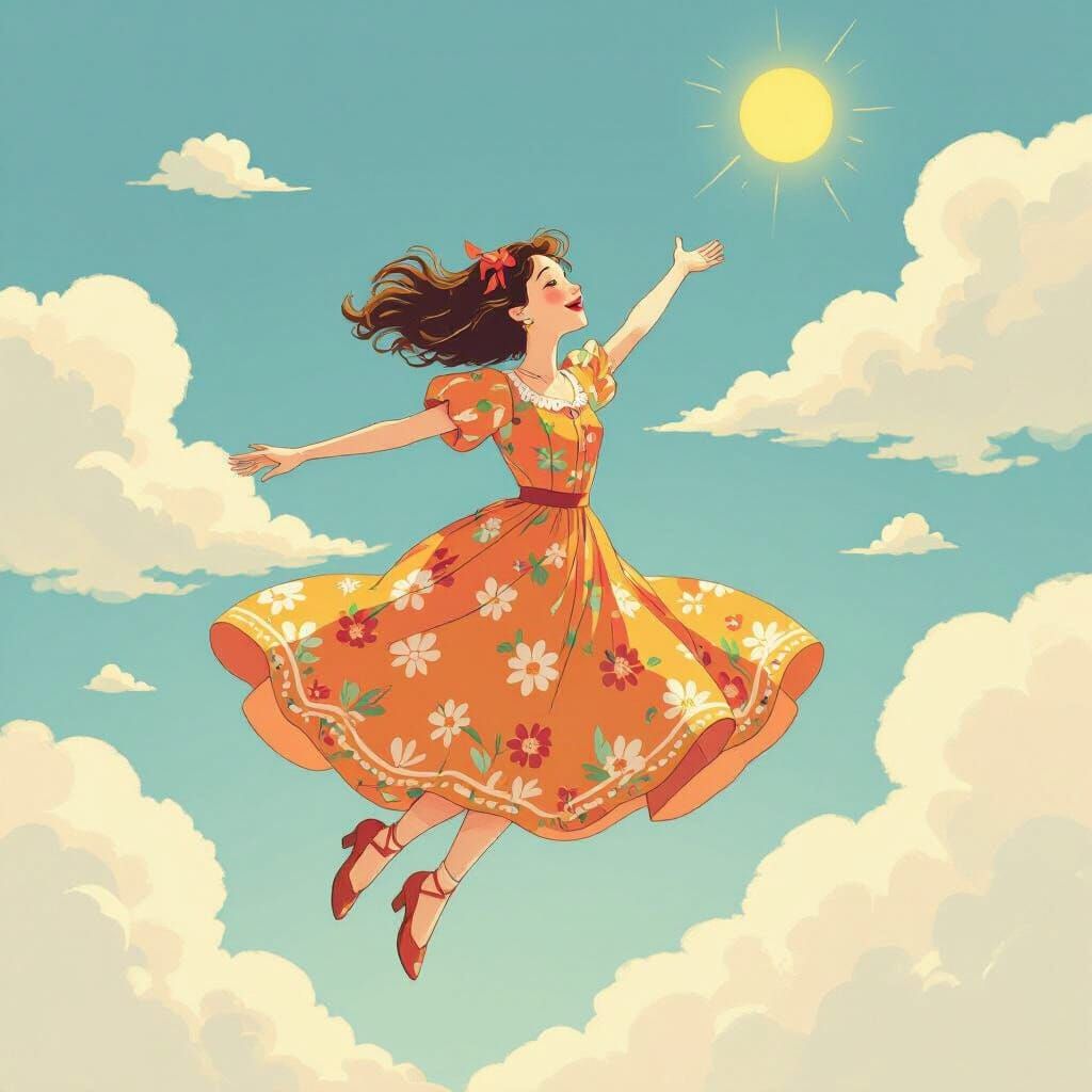 Whimsical Woman Soaring Through Summer Sky