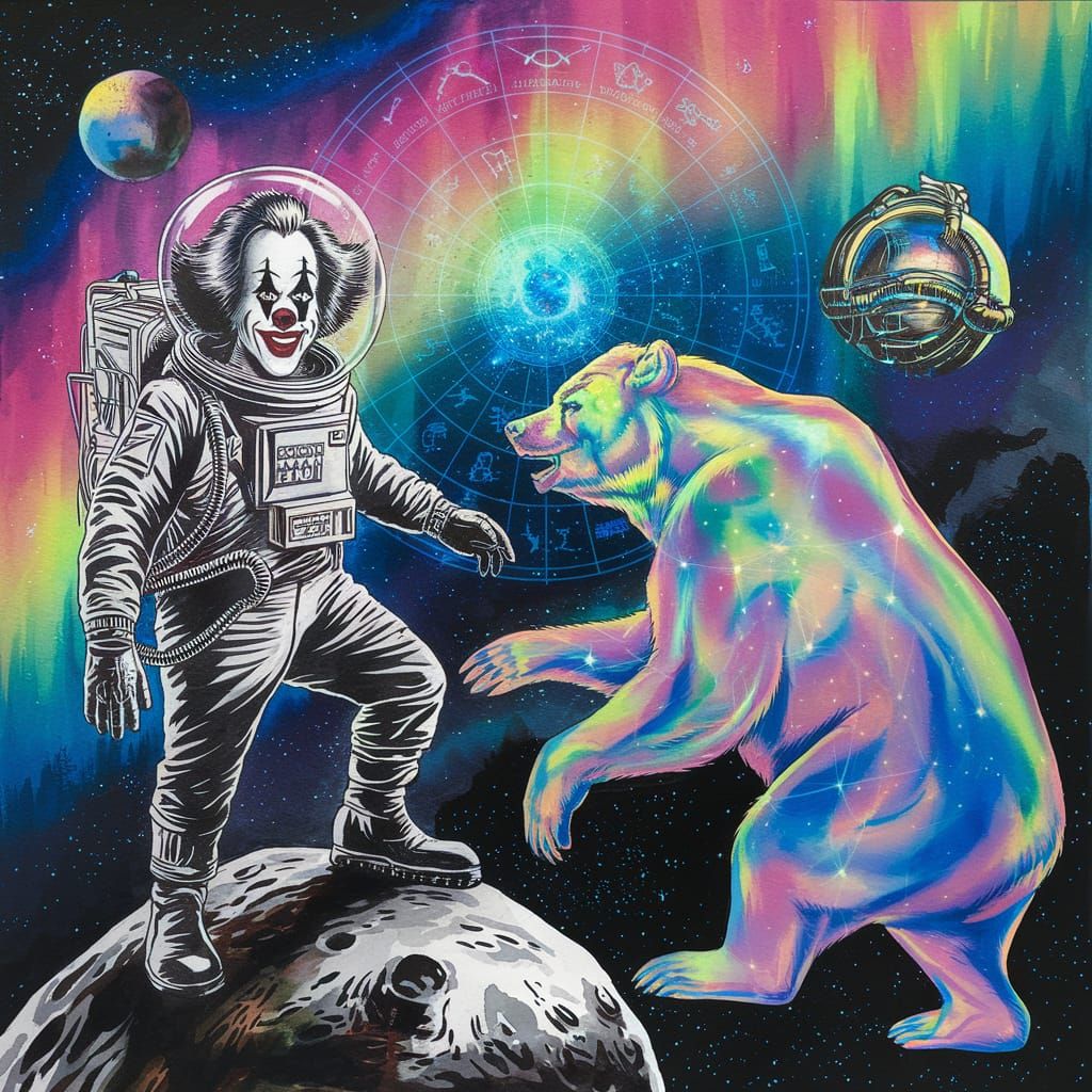Watercolor Space Clown Confronts Holographic Bear Totem