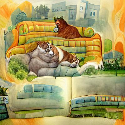Chubby Cat and Dog Share Couch Illustration