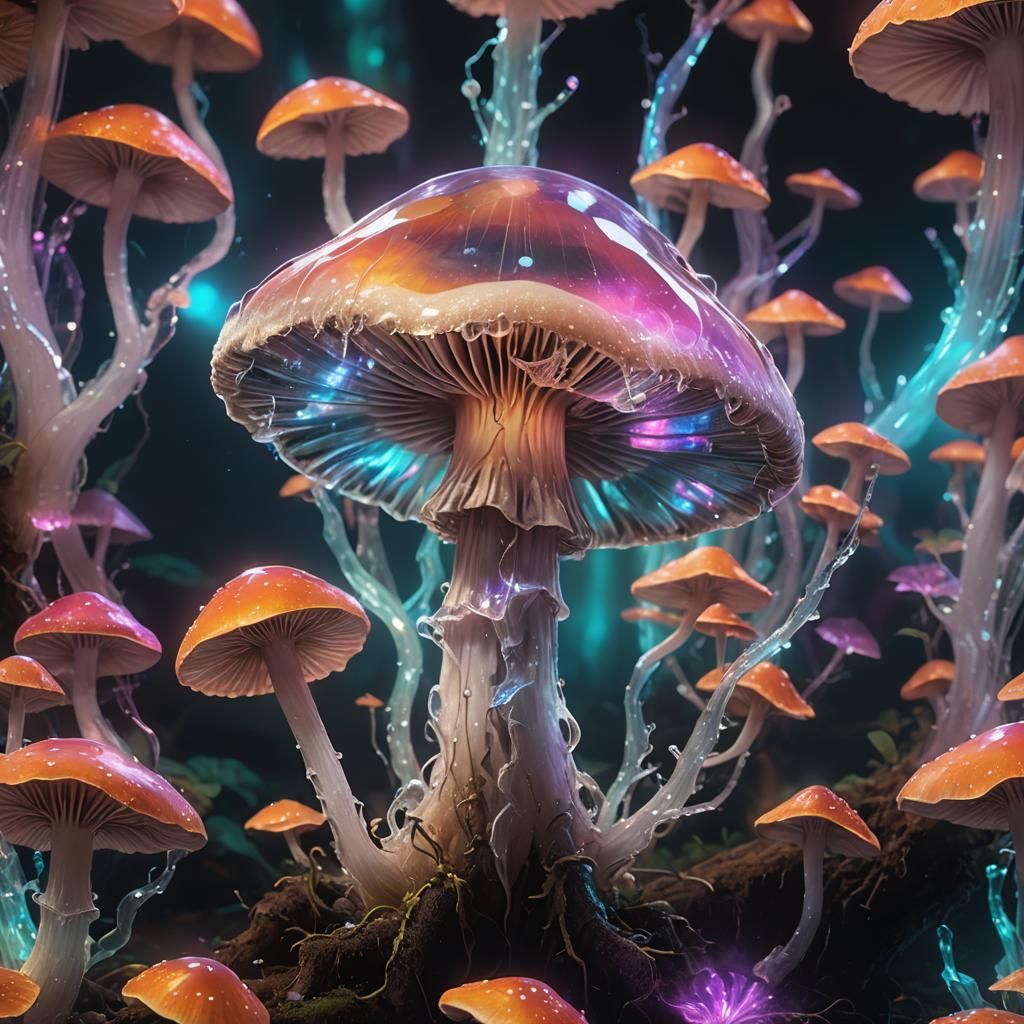 Holographic Mushroom Concept Art in Iridescent Colors