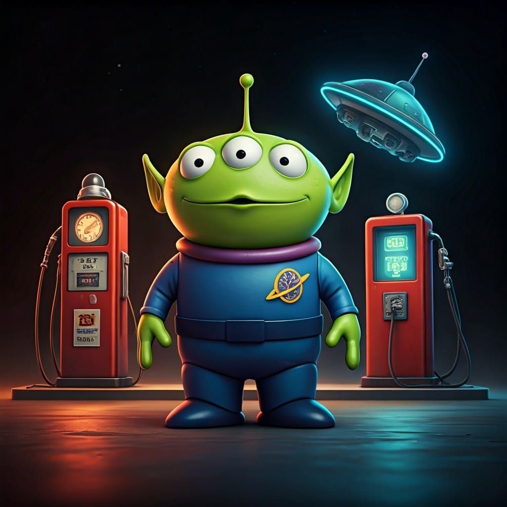 Little Green Alien Gas Station in Pixar Style