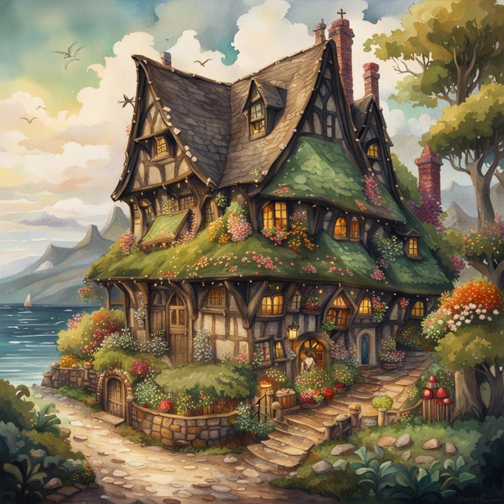 Gothic Cottage Inn by the Sea: Watercolor Painting