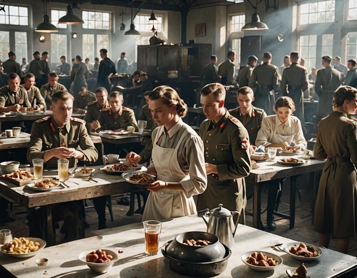 Soviet Soldiers in 1940s Mess Hall: Photorealistic Scene