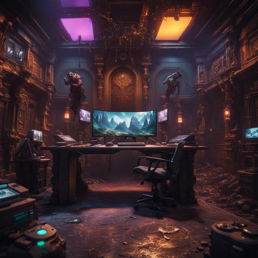 Gamer Playing Computer Game in Detailed Matte Style