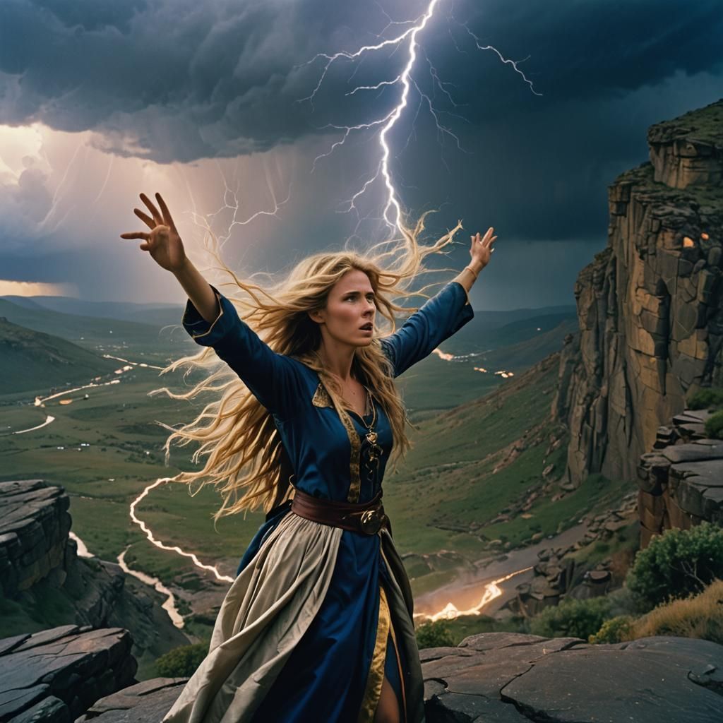 Dramatic Sorceress Summons Storm with Golden Hour Light