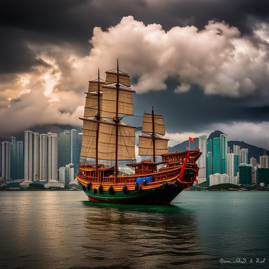 Chinese Junk in Stormy Kowloon Harbor