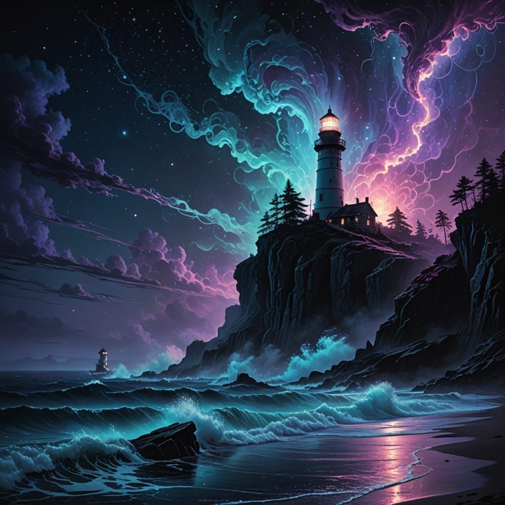 Lighthouse on Cliff Edge in Bioluminescent Sea