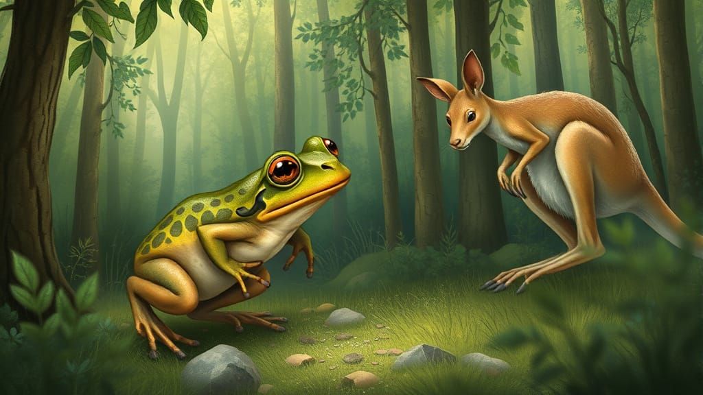 Startled Frog and Kangaroo in Whimsical Style