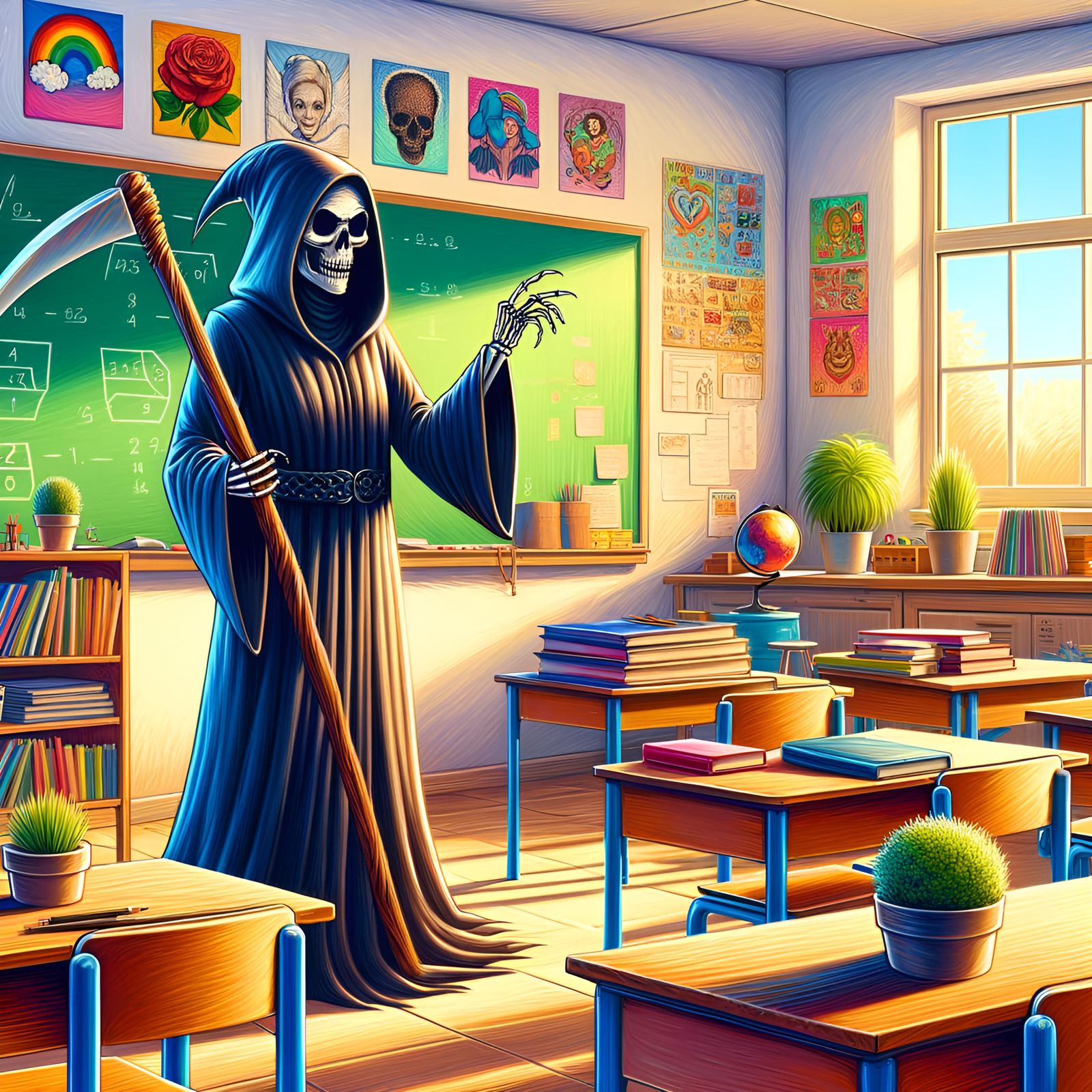 Grim Reaper Reimagined as Cartoon School Teacher