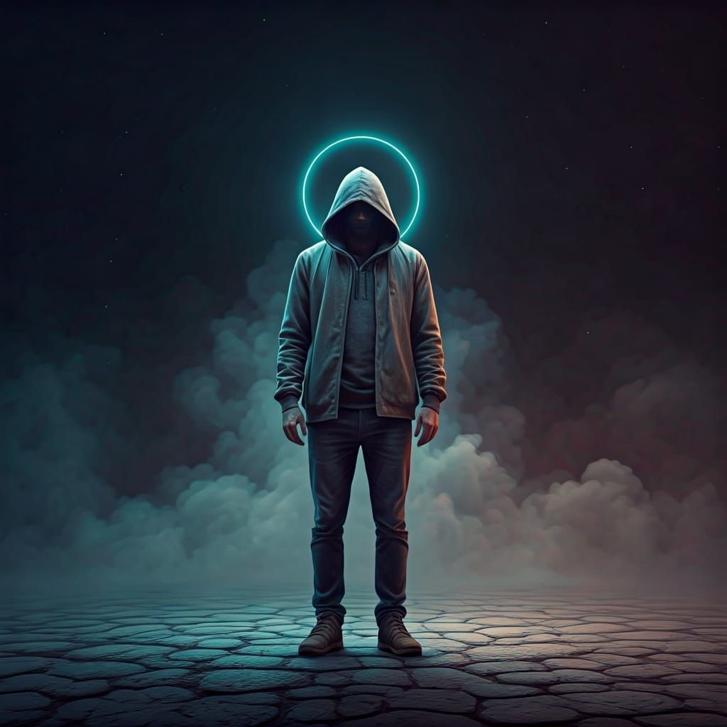 Mystical Figure in Mist: Neon-Lit Realism