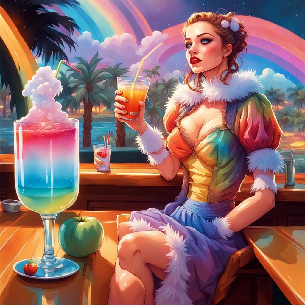 Pastel Fashionista with Rainbow Drink, Comic Art