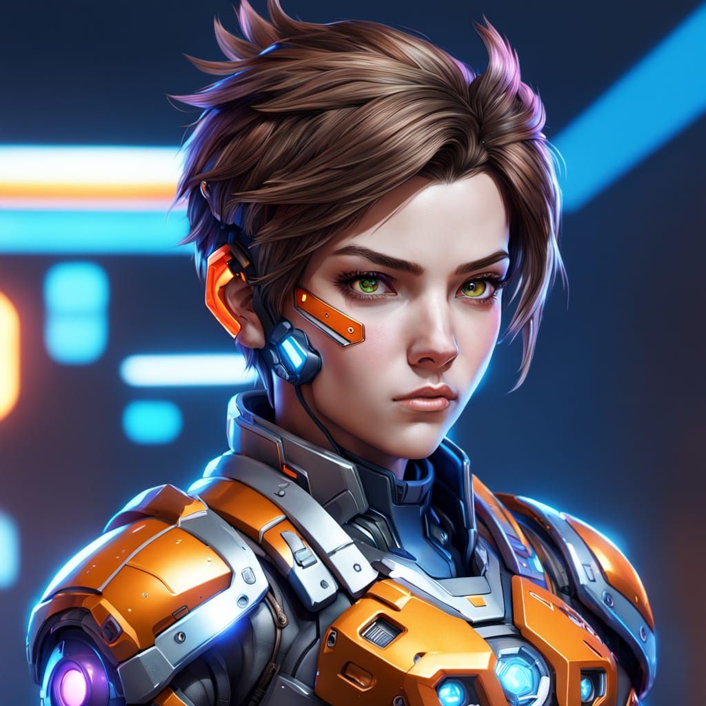 Tracer Overwatch Portrait in Cyberpunk Style