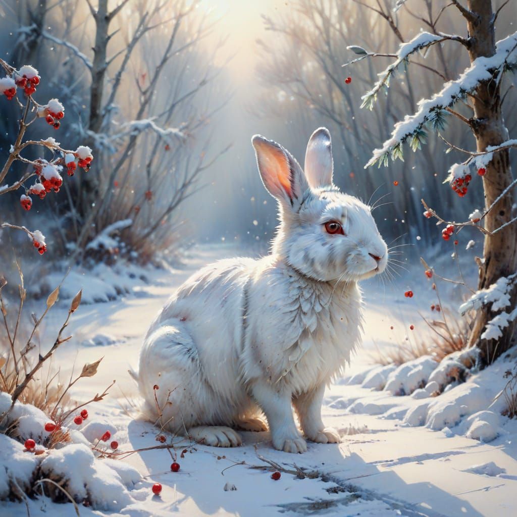 White Rabbit in Snowy Winter Landscape Watercolor Painting