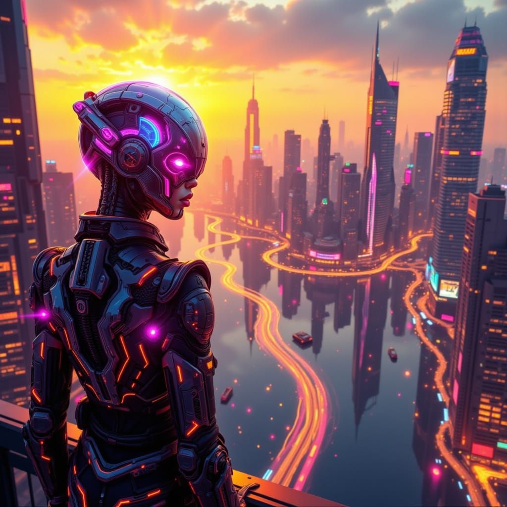 Surreal Cyberpunk Cityscape at Sunset in Hyper-Realistic Sty...