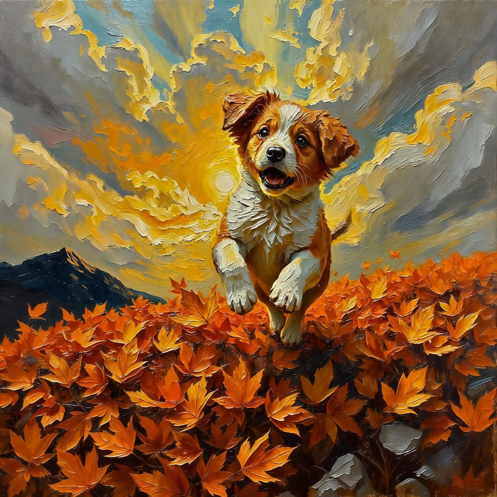 Puppy Leaping Into Autumn Leaves Oil Painting