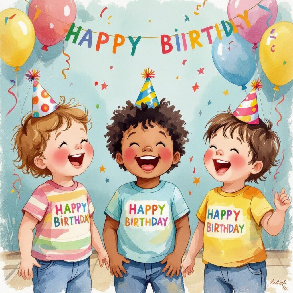 Toddlers Celebrate Birthday Party in Watercolor Style