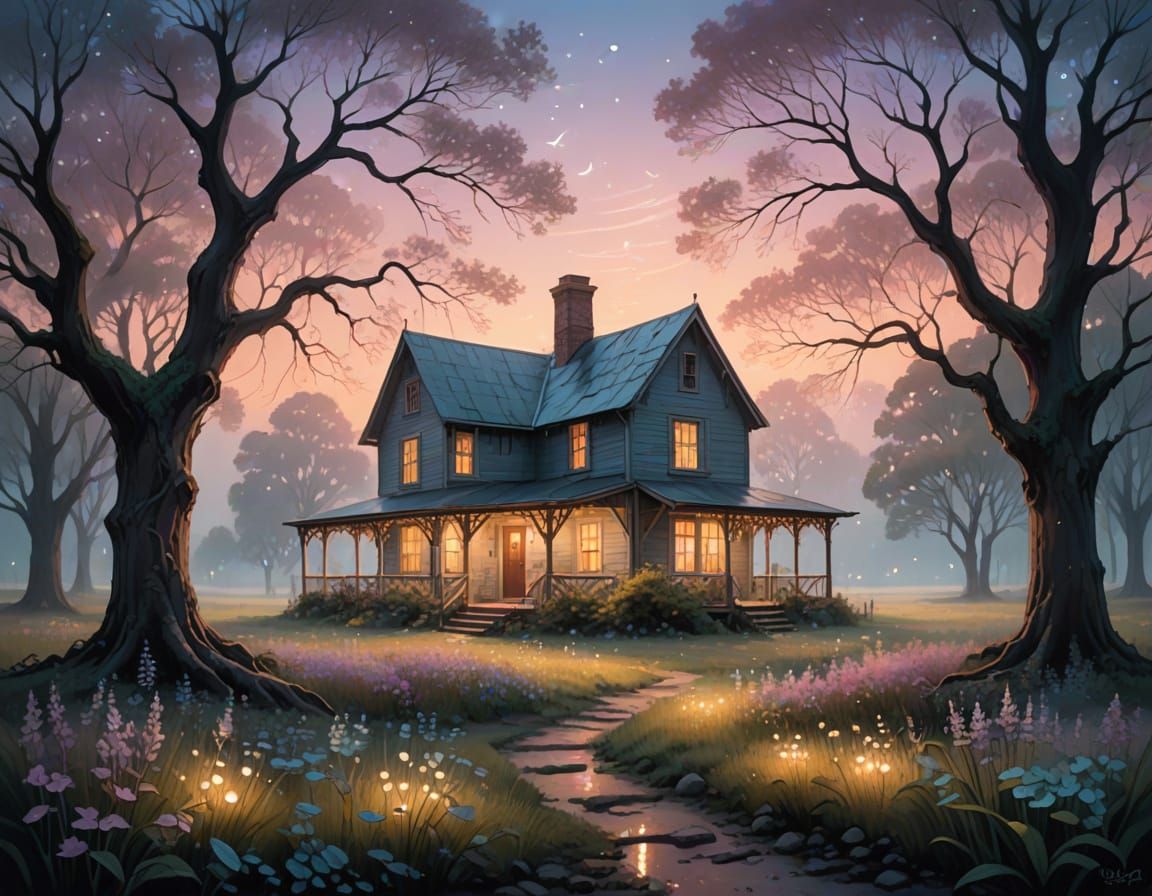 Enchanted Farmhouse with Bioluminescent Flora in Pastel Hues