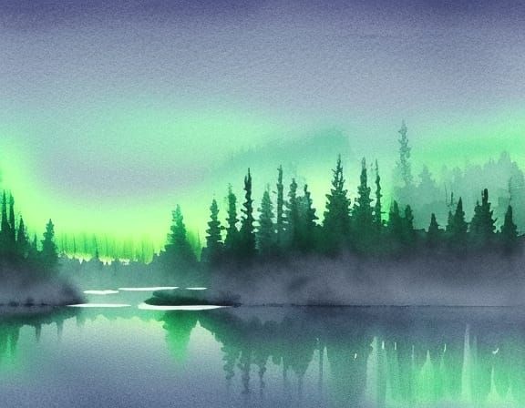 Watercolor Northern Lights Over Misty Lake
