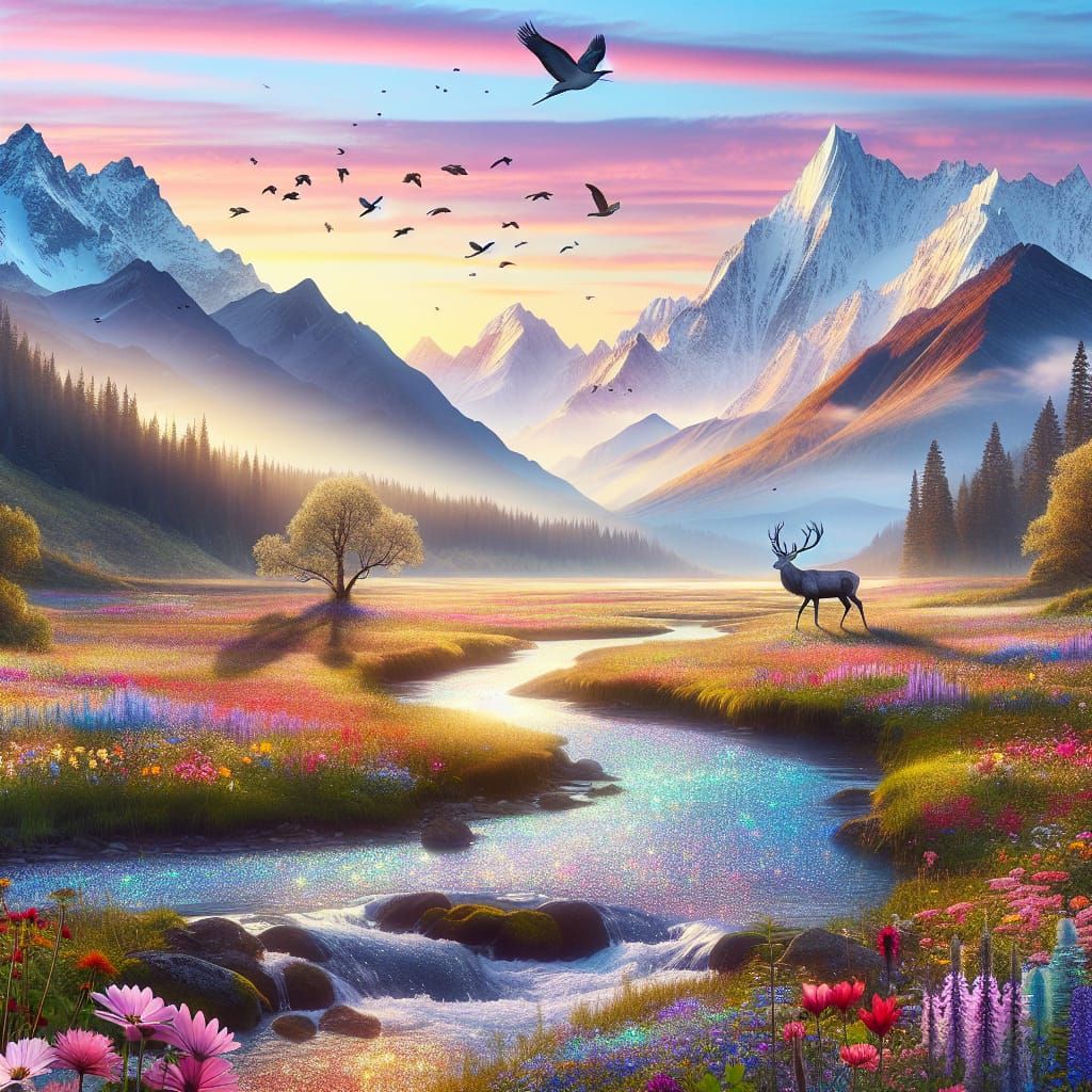 Idyllic Landscape with Serene Mountains and Deer