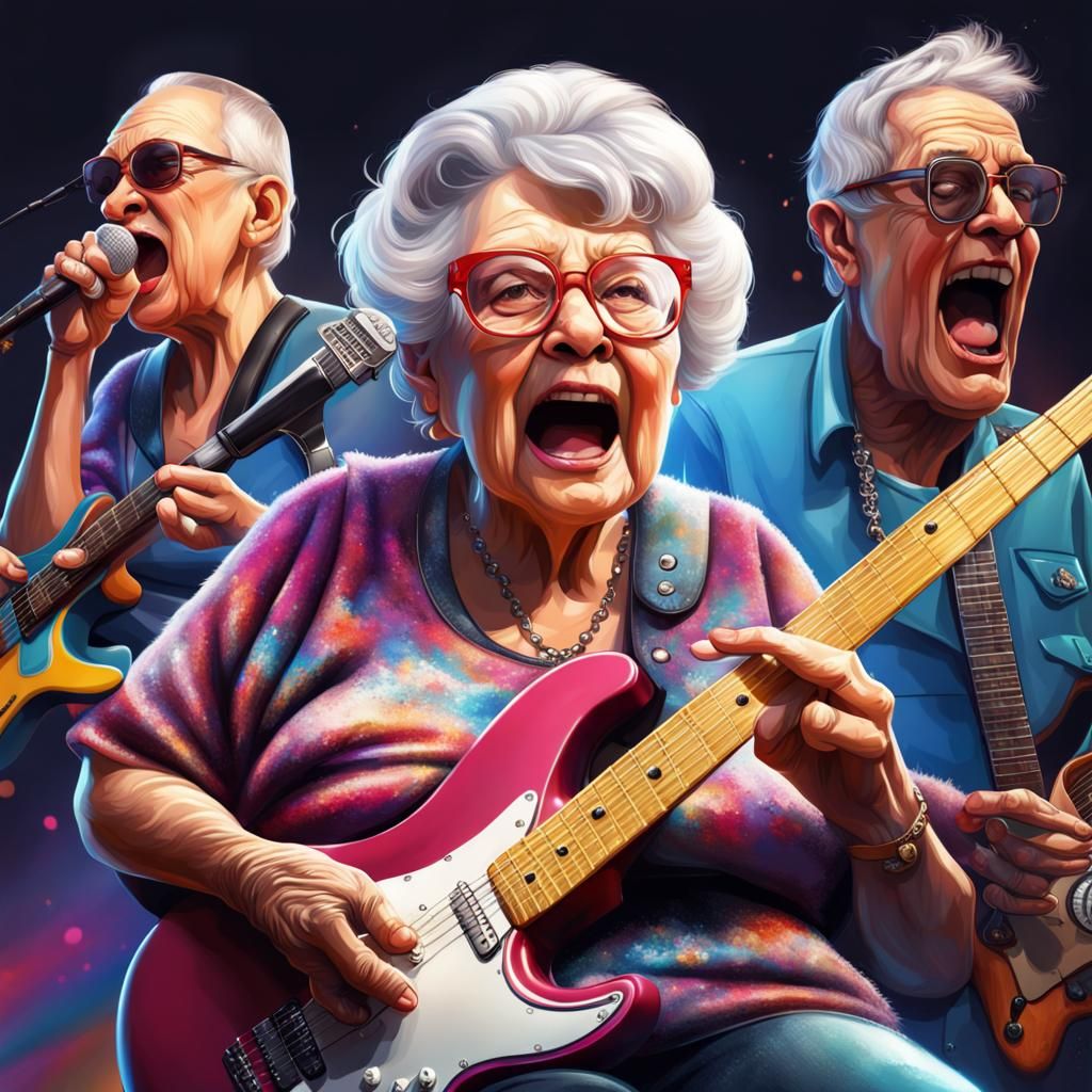 Hyperrealistic Grandma Rock Band Concept Art