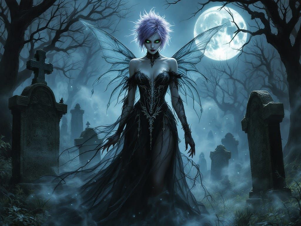 Gothic Fairy Goddess in Moonlit Graveyard