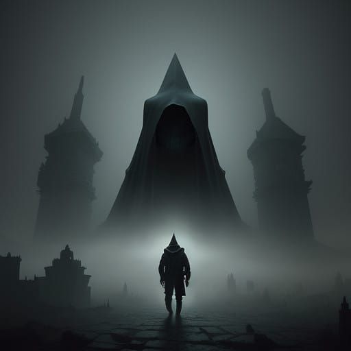 Mysterious Hooded Figure in a Haunting Surrealist Landscape