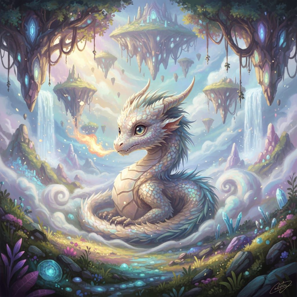 Whimsical Baby Dragon in Mystical Fantasy Landscape