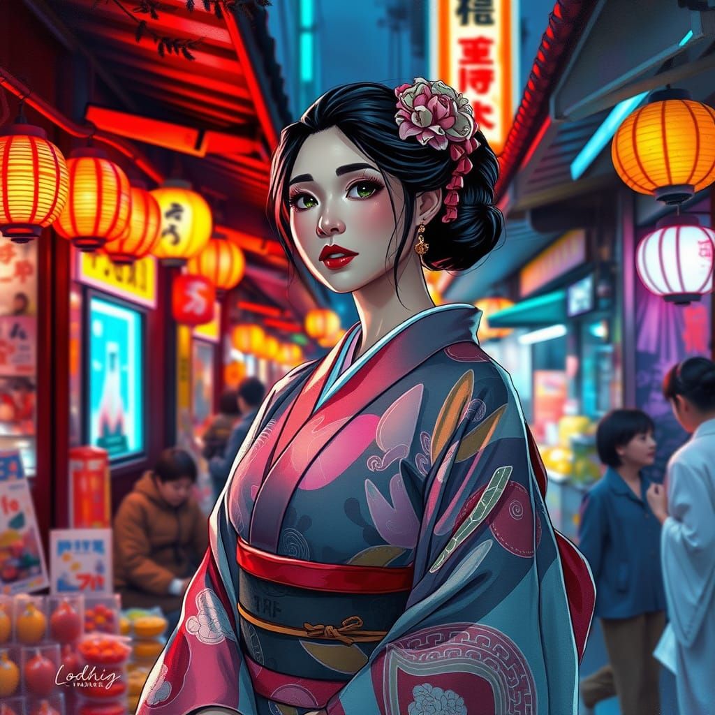 Kimono Woman in Cyberpunk Japanese Market