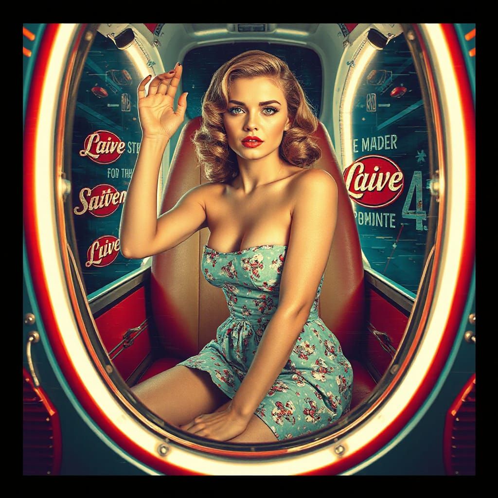 1950s Pin-Up Girl in Retro Rocket with Glitch Art