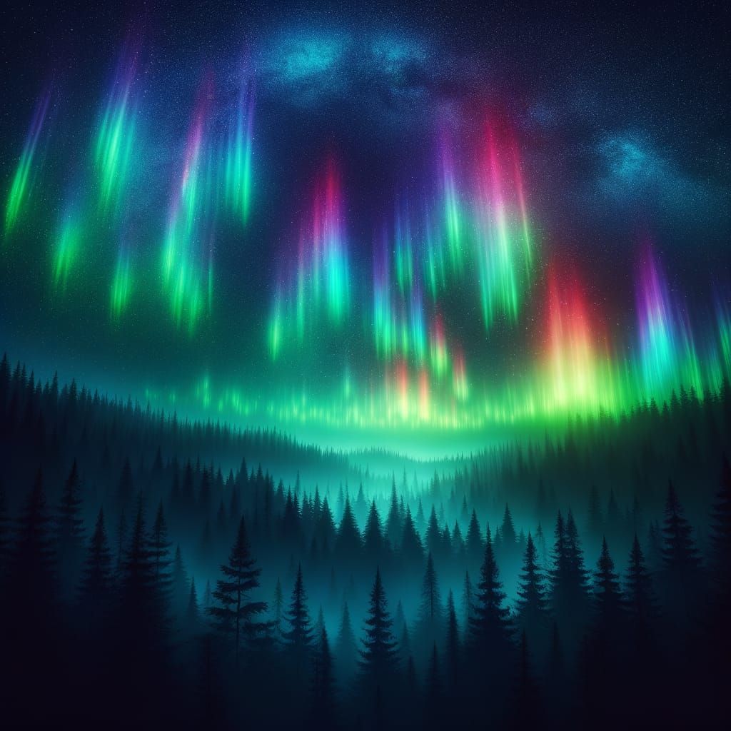 Radiant Aurora Borealis Over Mystical Forest