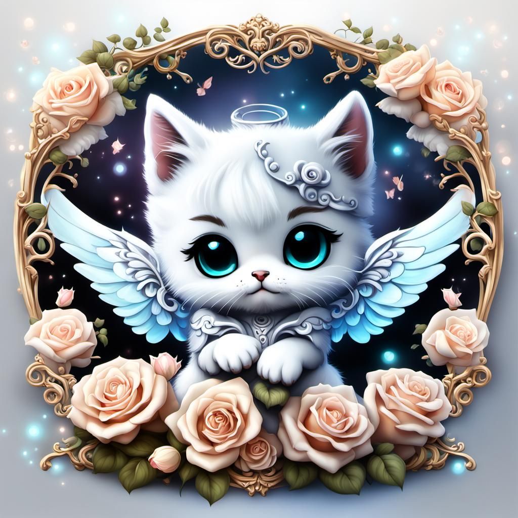 Chibi Kitten with Angel Wings and Roses