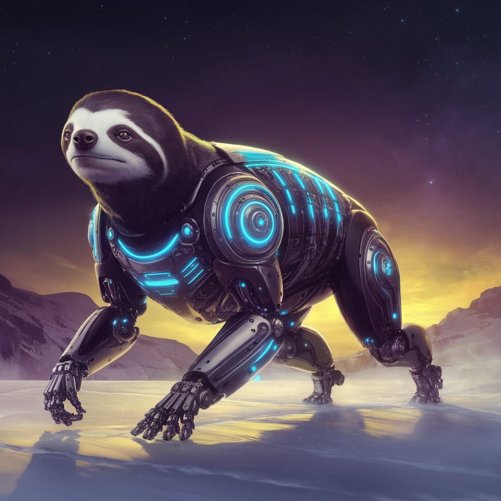 Cyberpunk Sloth in Snowy Landscape