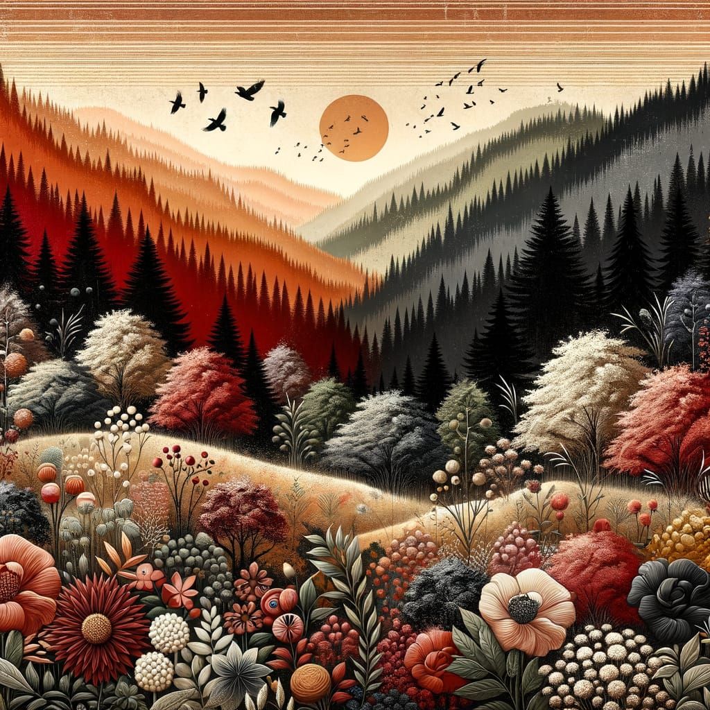 Stucco Textured Mountain Valley at Sunset with Birds