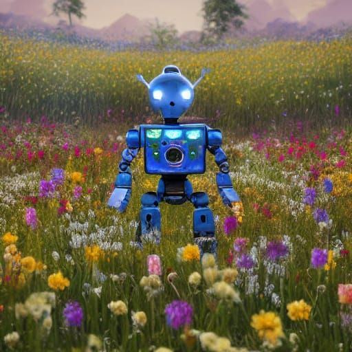 Robot Warrior in Flower Field - Hyper-Realistic Concept Art