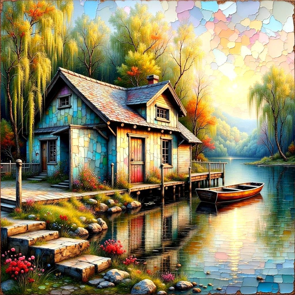 Metallic Doors Open to Misty Sunrise Lake Vista